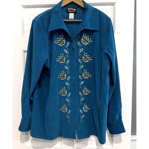 BOB MACKIE WEARABLE ART Top Jacket and‎ Pants Size Large Suede Teal Embroidered